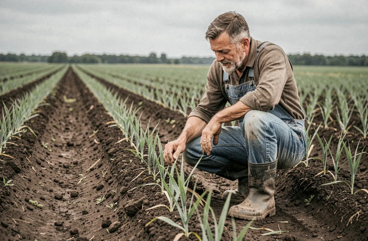 Agriculteur inspecte ses semis de blé dans un champ cultivé, symbolisant l'activité agricole professionnelle