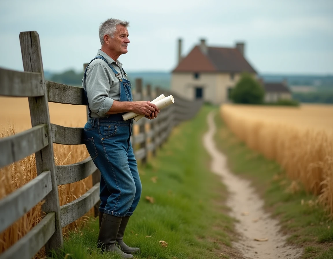 Agriculteur tenant des documents réglementaires au bord d'un champ agricole en Normandie, illustrant la réglementation foncière rurale en France