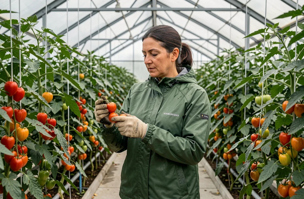 Agricultrice professionnelle examine des tomates dans une serre moderne, représentant les spécificités de l'horticulture agricole