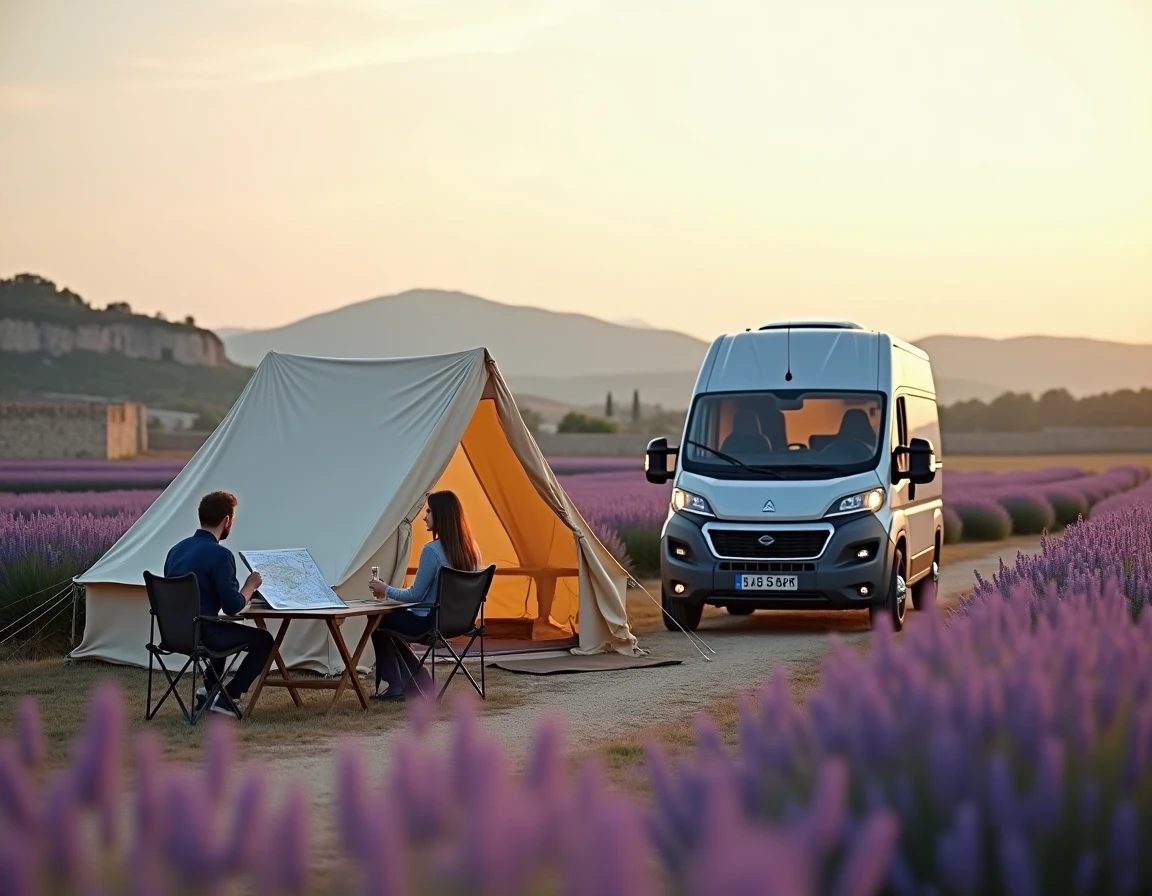 Couple installé en camping sauvage dans un champ de lavande en Provence avec une tente et un van, symbolisant le bivouac sur terrain agricole en France