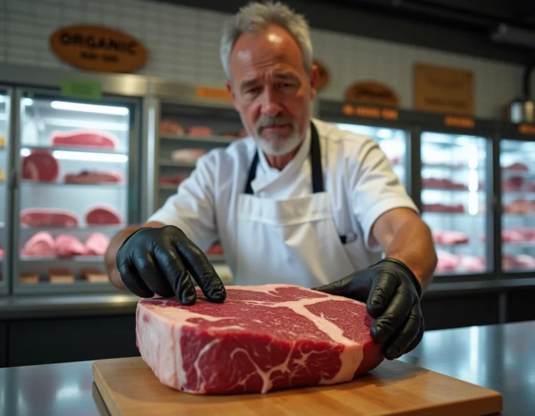 Boucher professionnel examinant une côte de bœuf USDA Choice sur un billot en acier inoxydable dans une boucherie moderne