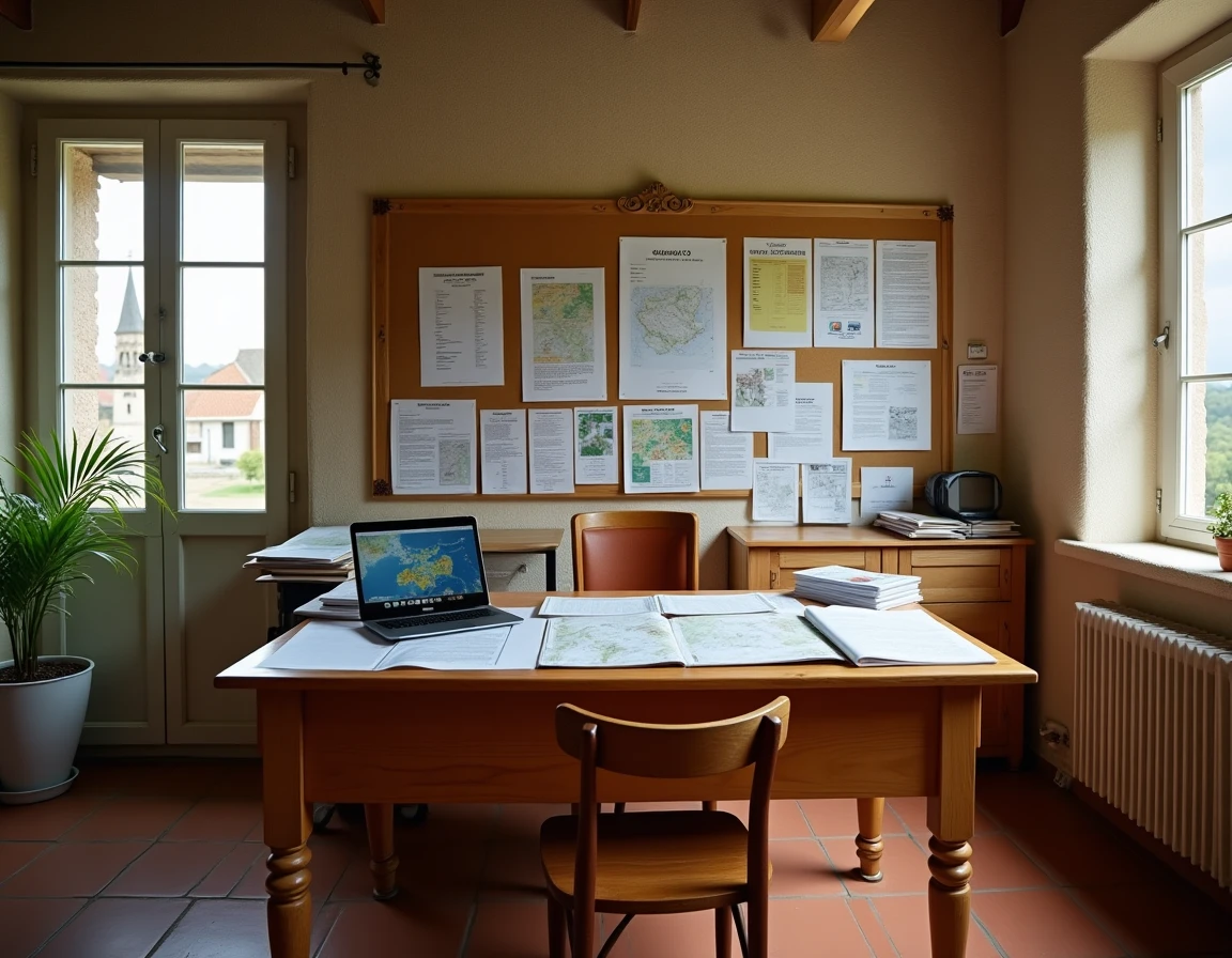 Bureau de mairie rurale française avec cartes cadastrales et documents de réglementation du sol agricole, illustrant les démarches administratives pour dormir sur un terrain agricole