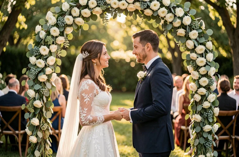 Couple de mariés échangeant leurs vœux sous une arche fleurie lors d'une cérémonie de mariage en plein air élégante