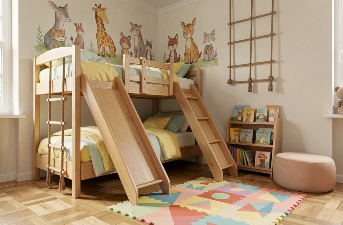 Chambre d'enfant ludique avec lit mezzanine en bois, toboggan intégré, livres colorés et tapis de jeu géométrique sur parquet clair