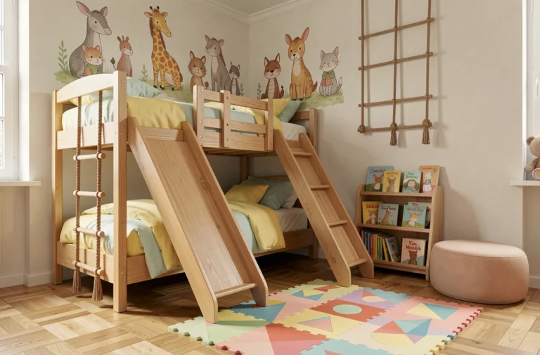 Chambre d'enfant ludique avec lit mezzanine en bois, toboggan intégré, livres colorés et tapis de jeu géométrique sur parquet clair