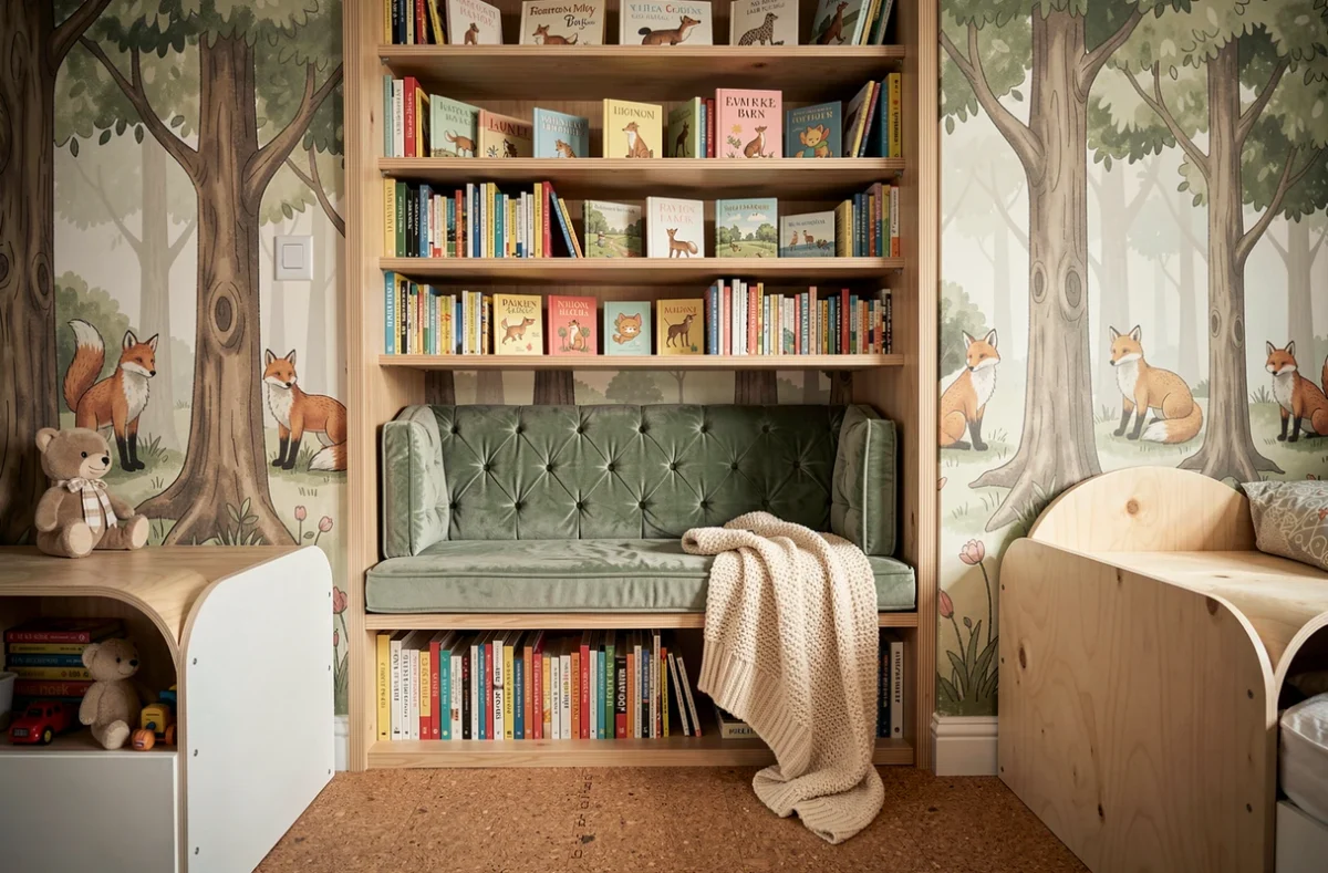 Coin lecture aménagé dans une chambre d'enfant avec alcôve en bois, livres colorés, coussin en velours vert et mural forêt illustré
