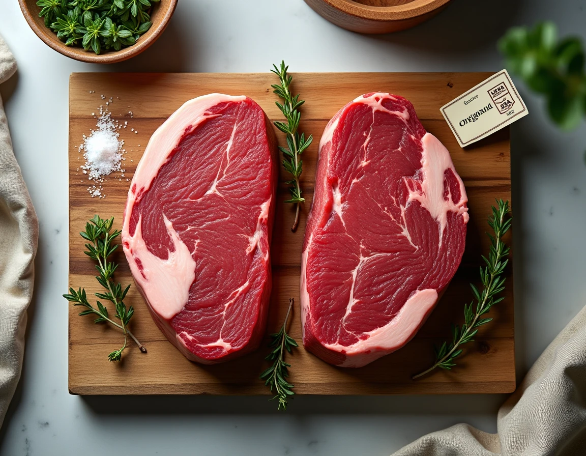 Vue de dessus comparant deux coupes de bœuf USDA Choice bio et conventionnel côte à côte sur une planche en bois rustique