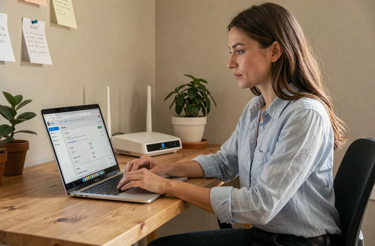 Femme configurant les paramètres réseau d'une plateforme de streaming sur son ordinateur portable à domicile
