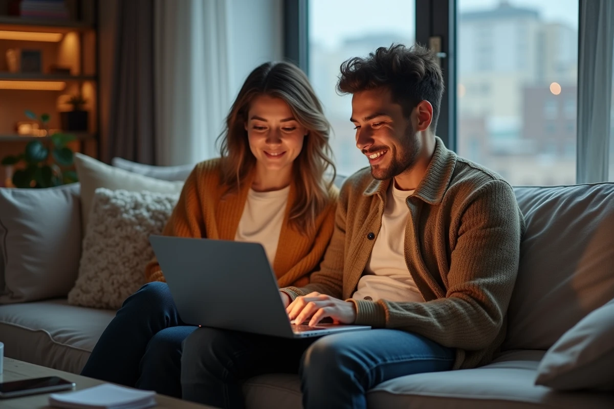 Couple comparant des offres de prêt personnel en ligne sur un ordinateur portable dans leur salon