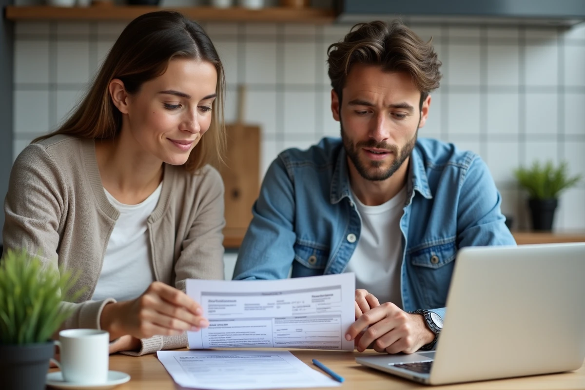 Casal preenchendo junto o formulário cerfa imobiliário em uma mesa de cozinha com laptop