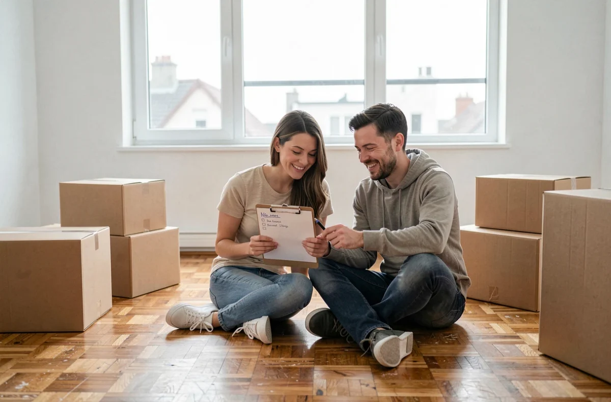 Couple consultant une liste de déménagement dans un nouvel appartement vide entouré de cartons