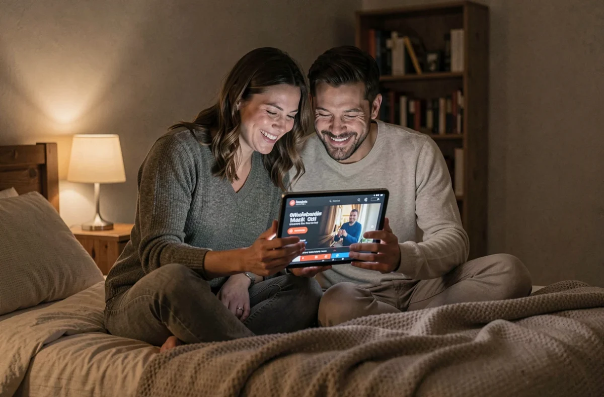 Couple profitant d'un streaming vidéo sans interruption sur une tablette dans leur chambre à coucher