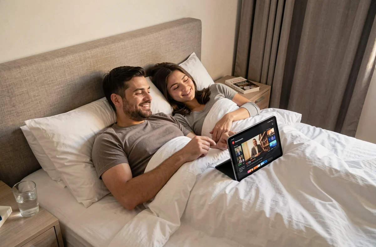 Couple regardant du contenu en streaming sur une tablette dans une chambre à coucher confortable