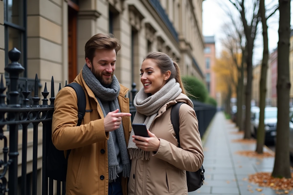 Couple visitant un appartement trouvé sur un site immobilier, devant un immeuble résidentiel