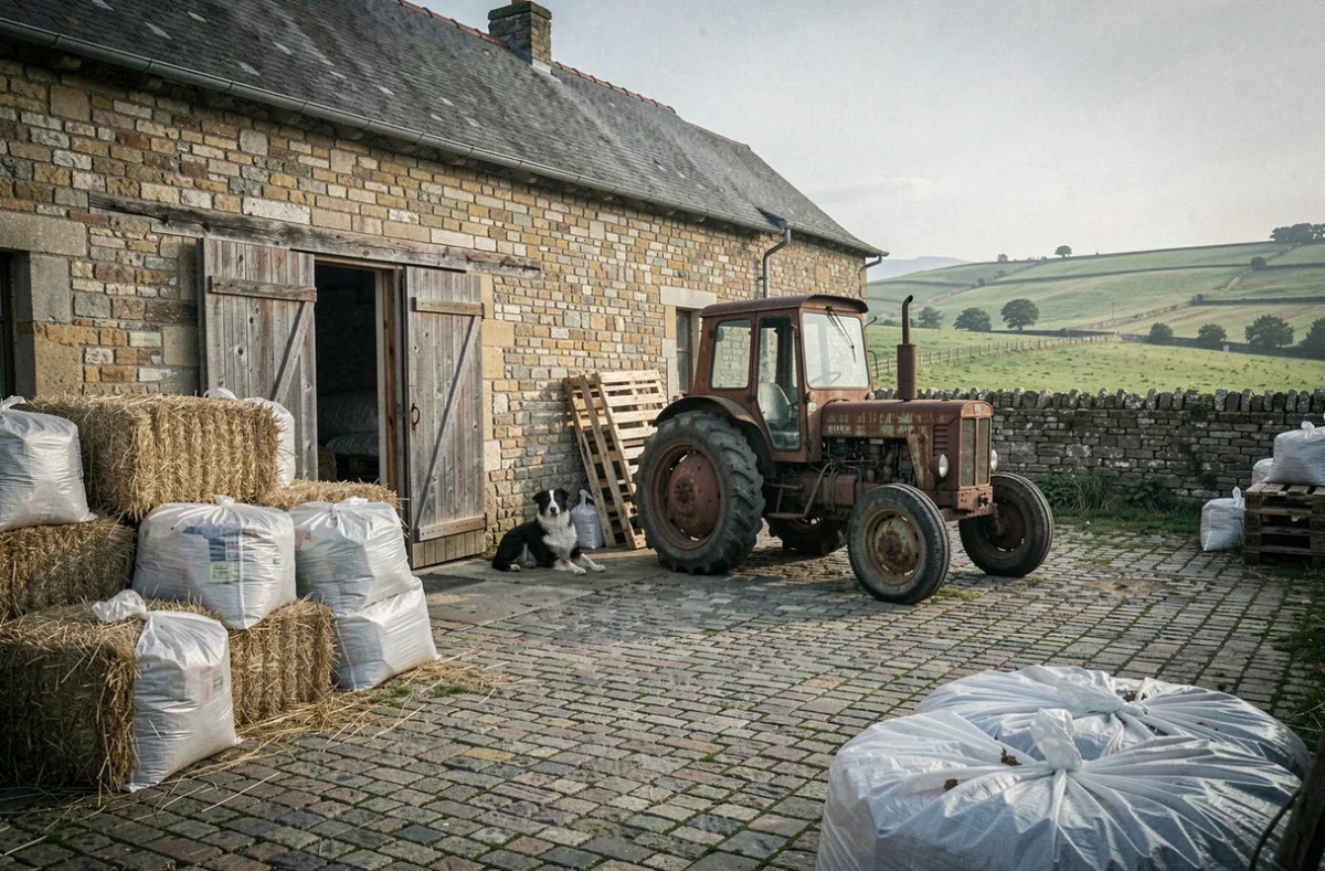 Cour de ferme traditionnelle française avec tracteur et bottes de foin, illustrant les enjeux et réalités de l'exploitation agricole rurale