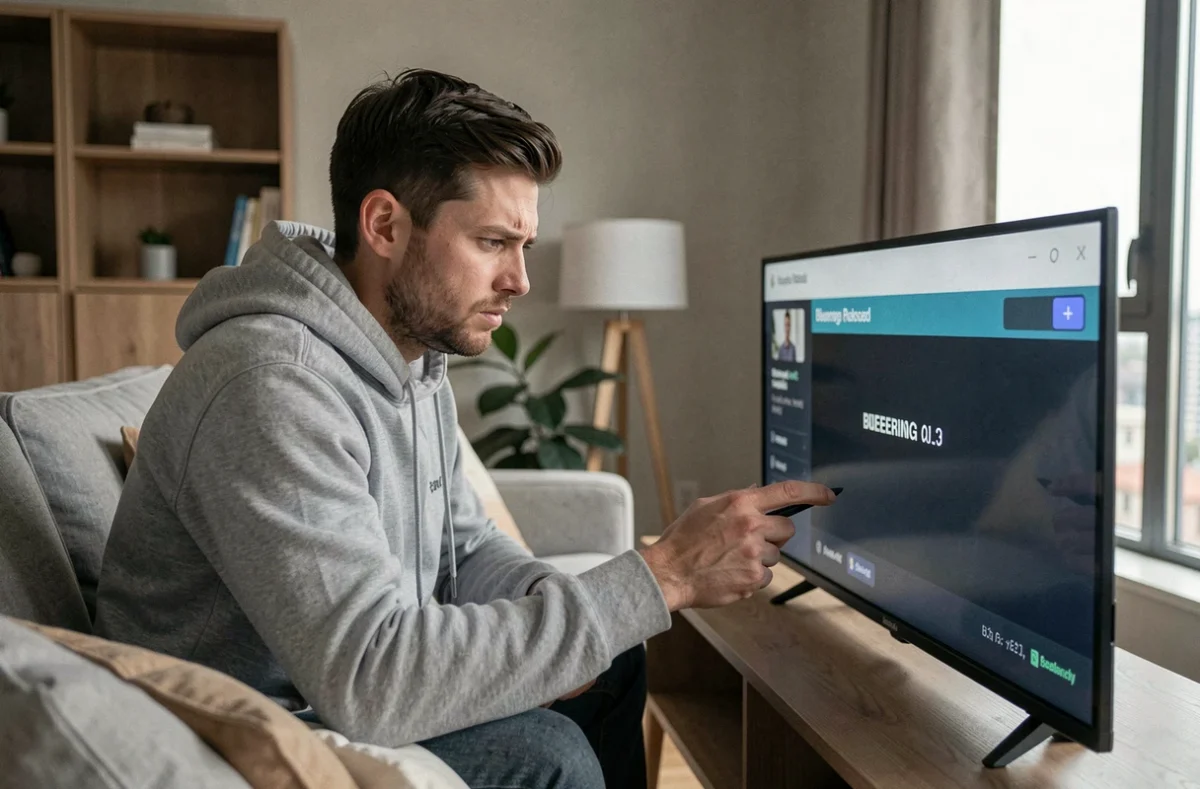 Homme dépannant une application de streaming sur sa télévision connectée dans un salon moderne
