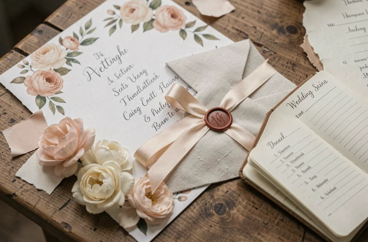 Détails de planification de mariage posés sur une table en bois incluant cartons d'invitation, plan de table et échantillons floraux