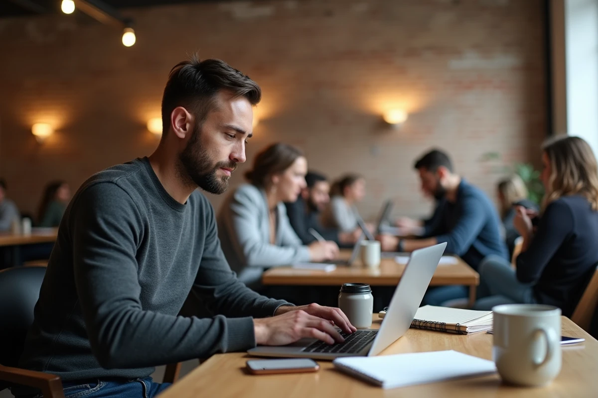 Entrepreneur masculin travaillant sur ordinateur portable dans un espace de co-working urbain avec murs en briques apparentes