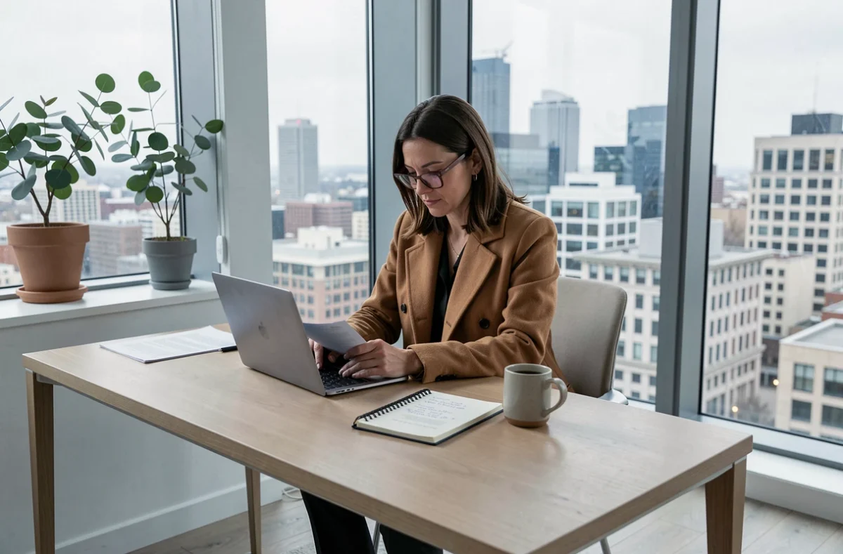 Entrepreneuse concentrée travaillant dans un bureau à domicile avec vue sur la ville