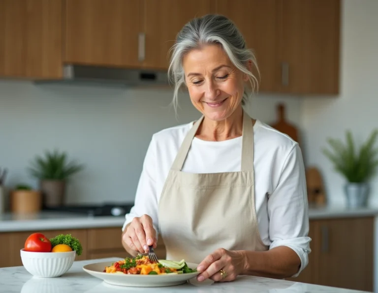 Femme de 60 ans préparant un repas protéiné sain dans une cuisine moderne