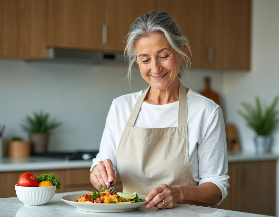 Femme de 60 ans préparant un repas protéiné sain dans une cuisine moderne