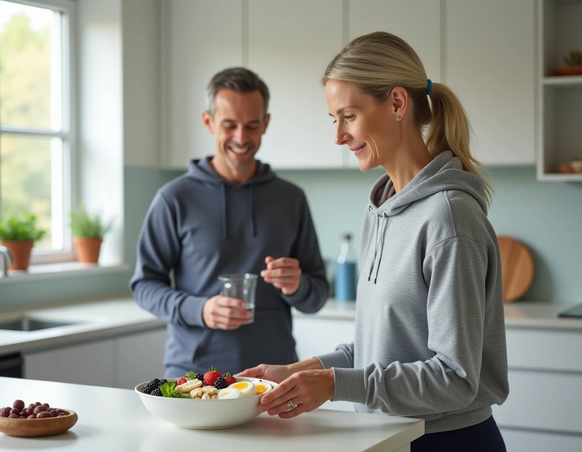 Femme active de 60 ans préparant un bol protéiné après le sport dans sa cuisine