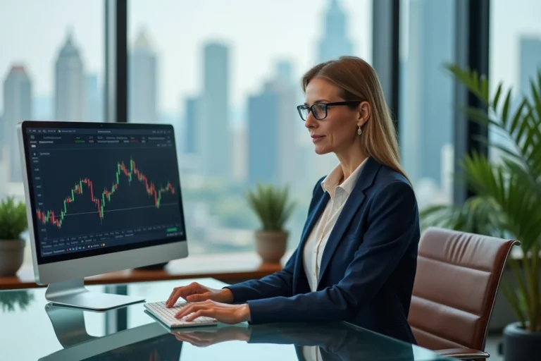 Femme d'affaires analysant des graphiques financiers sur un écran incurvé dans un bureau moderne avec vue sur la ville