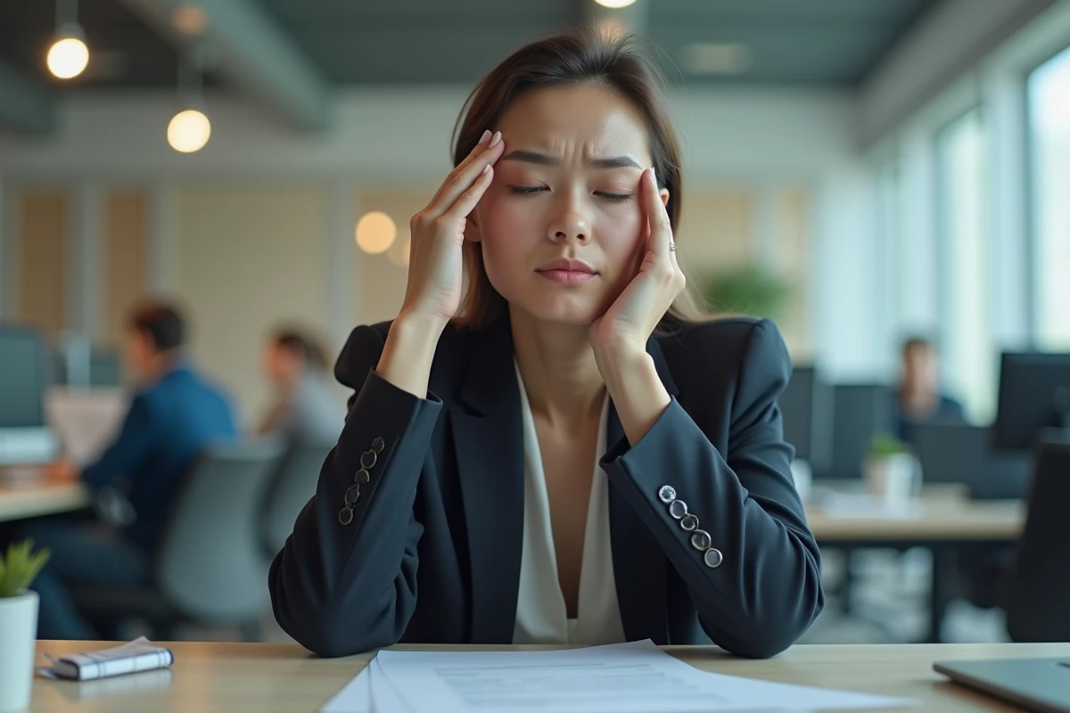 Femme d'affaires fatiguée au bureau en open space