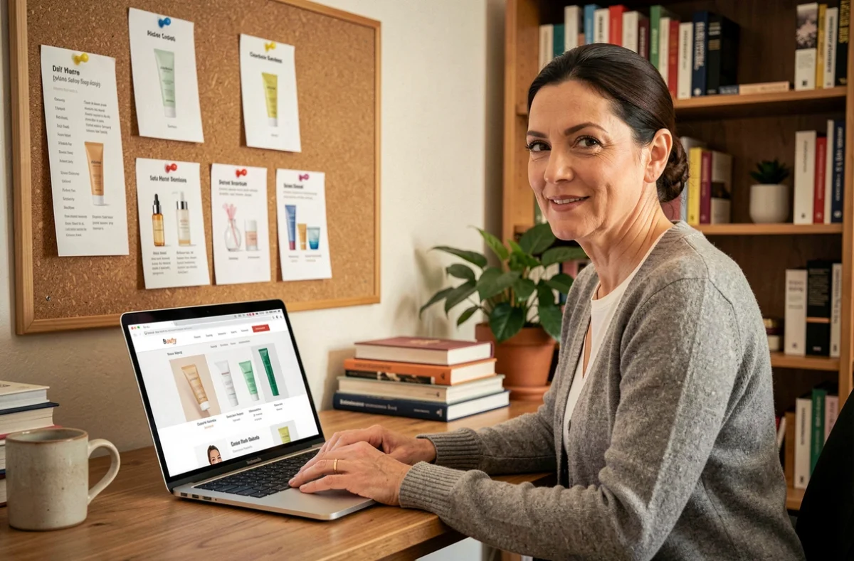 Femme consultant un site beauté organisé sur ordinateur dans un bureau avec tableau de références soins