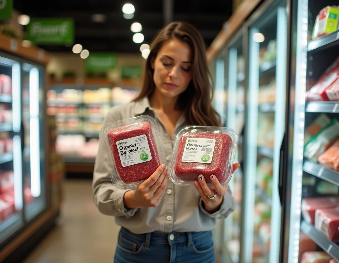 Femme comparant des emballages de bœuf bio et conventionnel certifiés USDA dans le rayon d'un supermarché