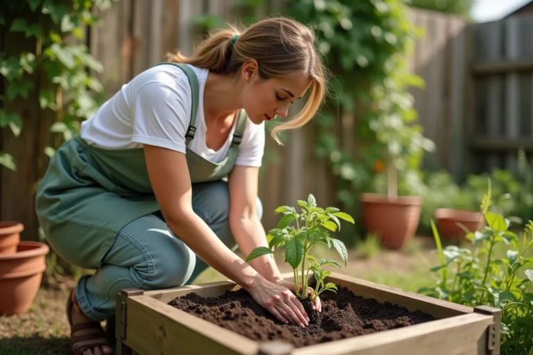 Femme débutante en jardinage transplantant un plant de tomate dans un carré potager en bois dans un jardin suburbain