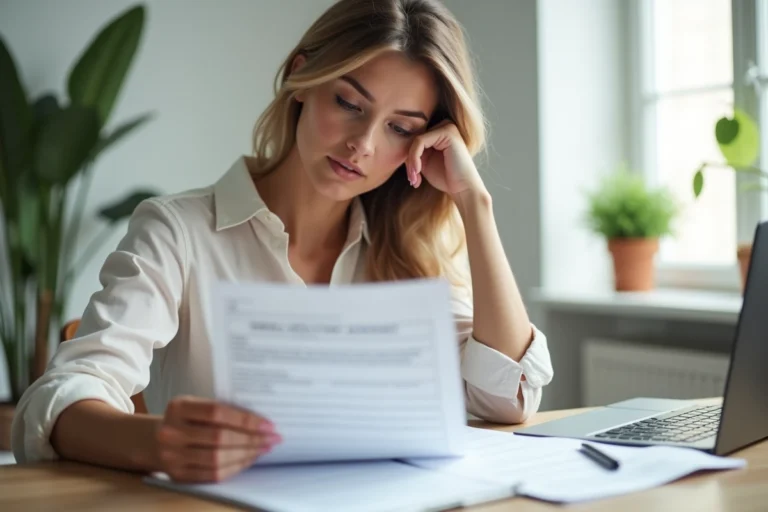 Femme consultant des documents de prêt personnel à son bureau à domicile de manière sereine et organisée