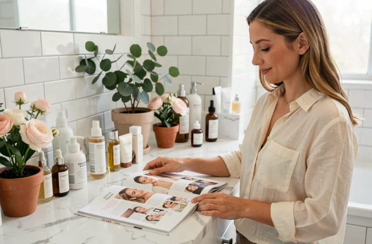 Femme explorant un guide beauté et soins avec des produits cosmétiques organisés sur un plan de travail en marbre