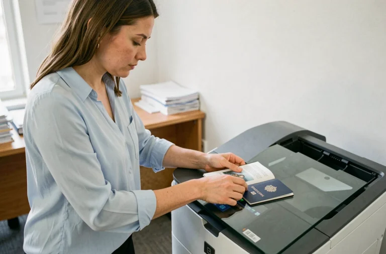 Femme photocopiant son passeport ouvert sur la page d'identité dans un bureau moderne