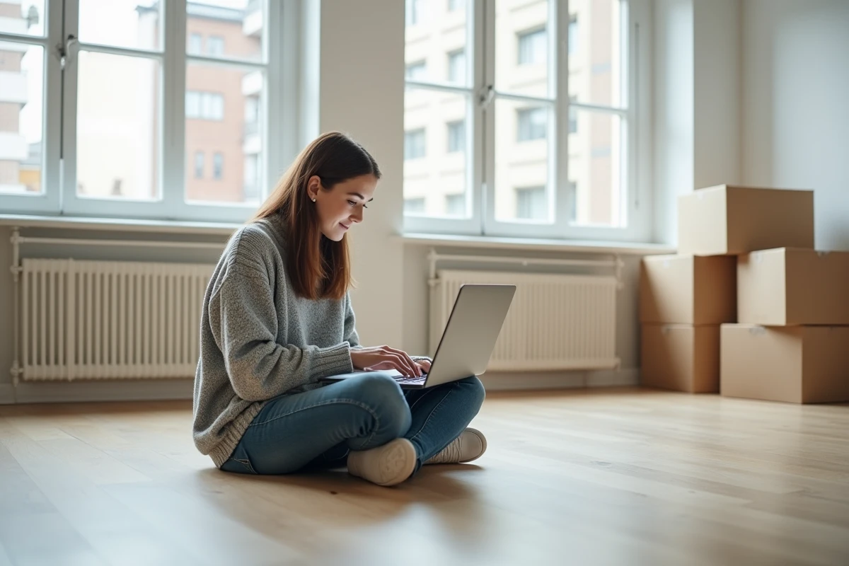 Femme cherchant un logement sur un site immobilier en ligne depuis un appartement vide