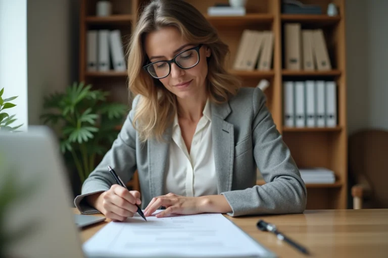 Femme professionnelle remplissant un formulaire cerfa immobilier à son bureau avec stylo et documents officiels