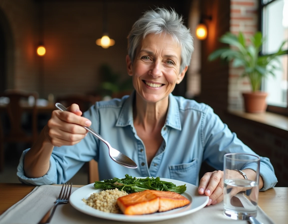 Femme senior souriante dégustant un repas équilibré riche en protéines à table