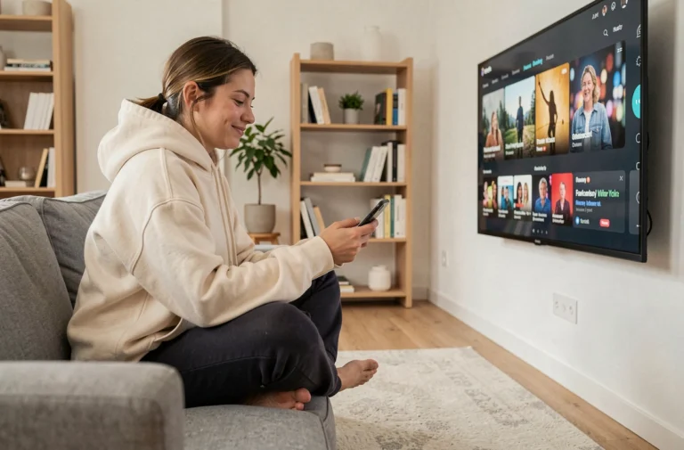 Jeune femme regardant une plateforme de streaming sur sa télévision dans un salon moderne et minimaliste