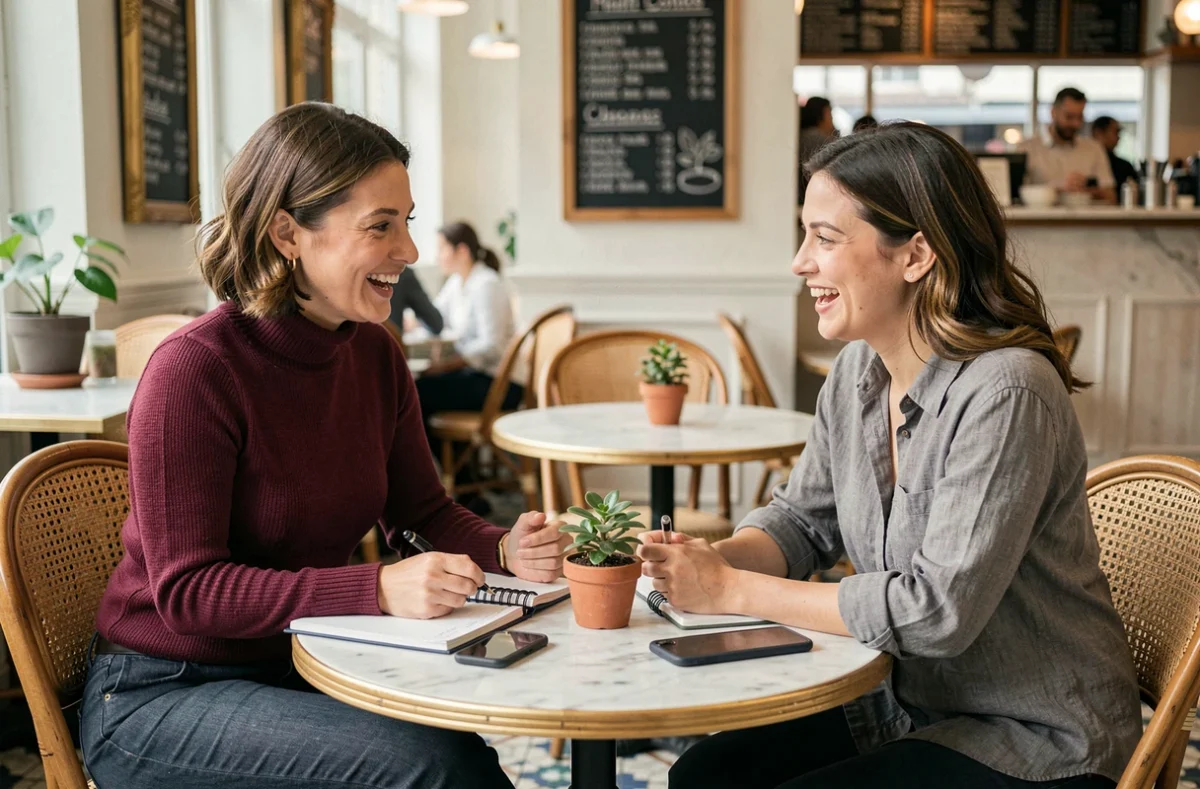Deux femmes entrepreneures en réunion collaborative dans un café parisien
