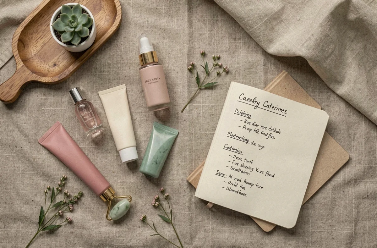 Flat-lay de produits de beauté et soins organisés avec un carnet de notes sur fond en lin texturé