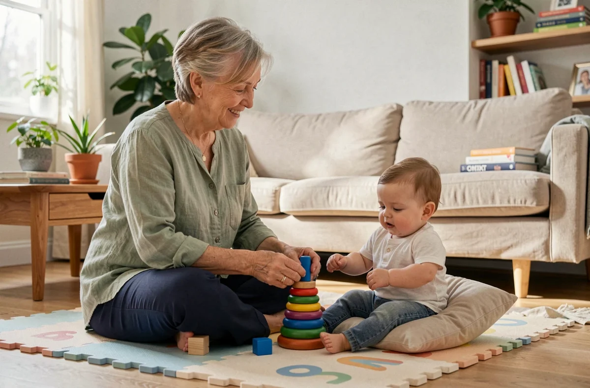Grand-mère jouant avec son jeune petit-enfant sur un tapis d'éveil coloré dans un salon naturel et lumineux