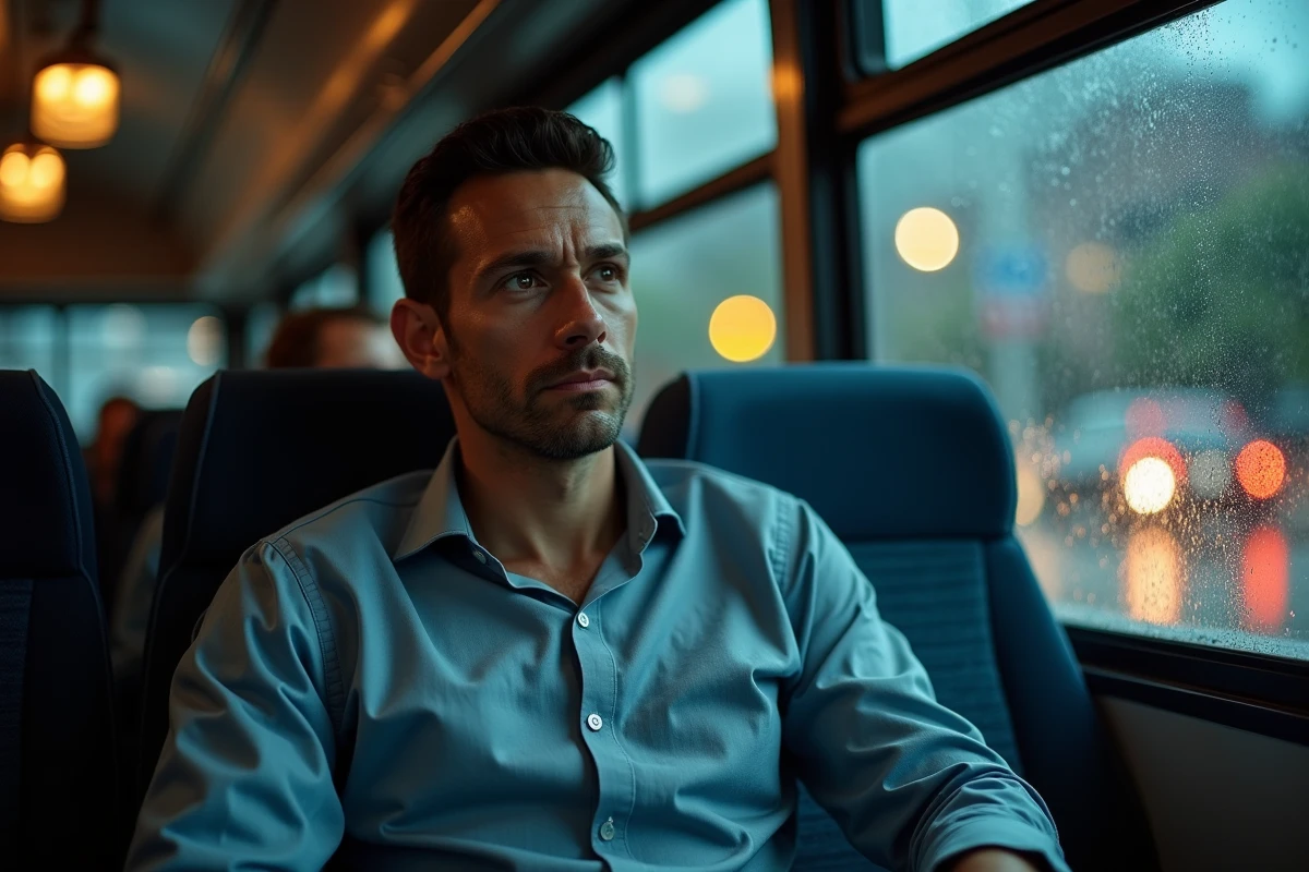 Homme dans un bus en soirée avec regard pensif