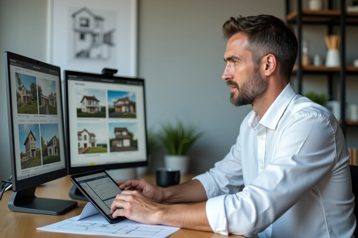 Homme comparant des annonces immobilières sur ordinateur et tablette dans un bureau à domicile