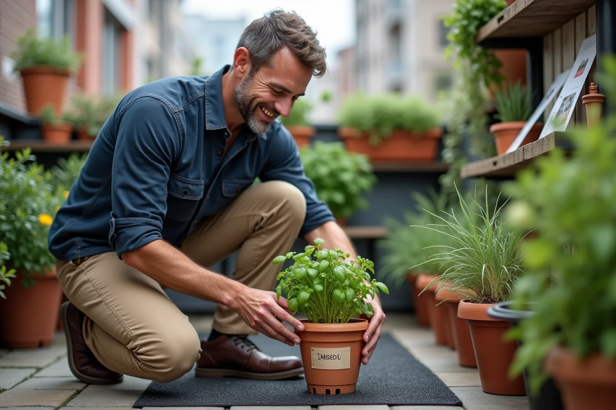 Homme adulte jardinant sur un balcon urbain avec des herbes aromatiques en pots et des étiquettes de plantes faites main