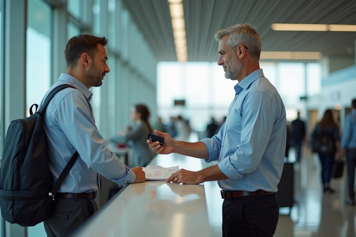 Homme au comptoir de voyage avec Mastercard à l