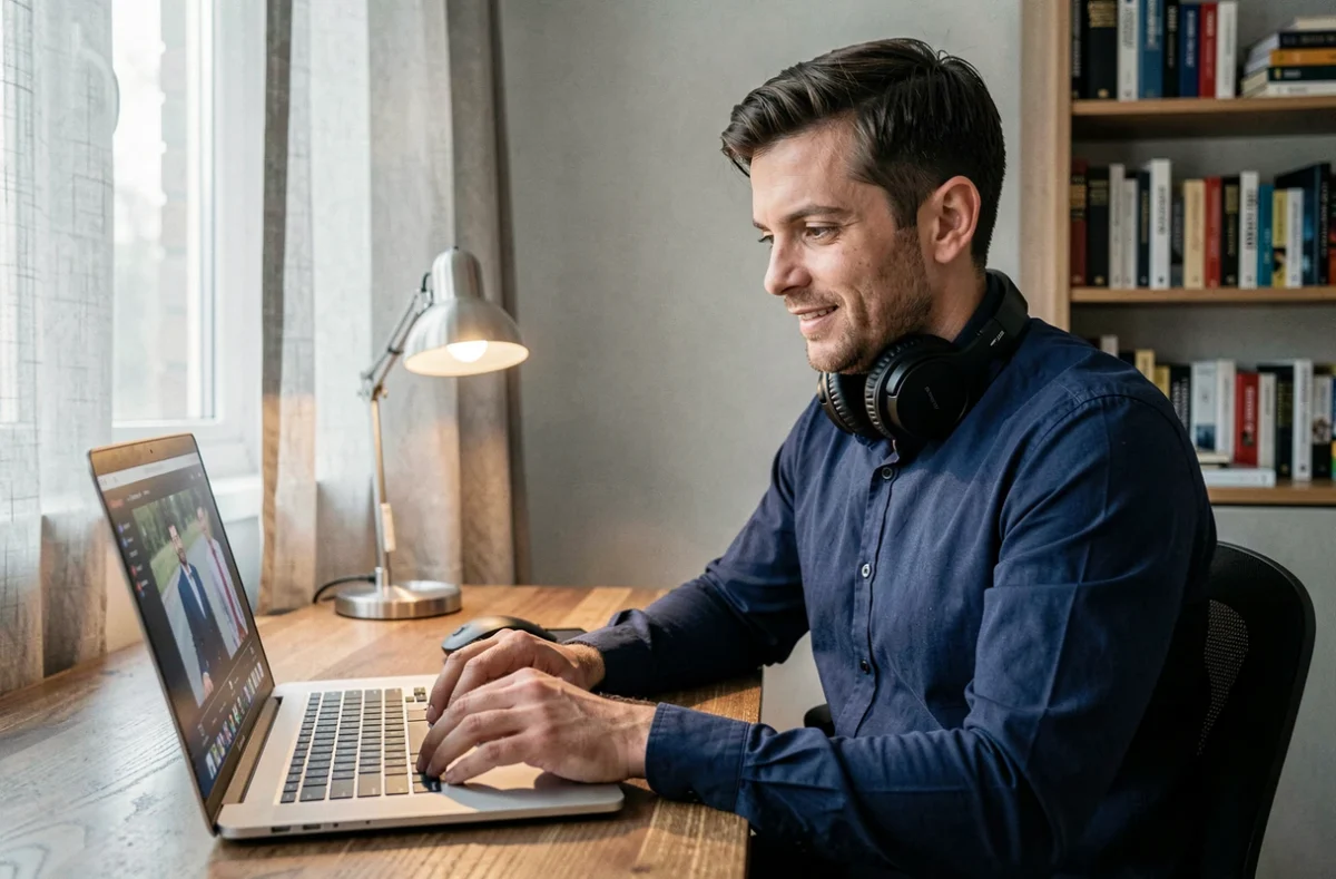 Homme consultant une plateforme de streaming sur son ordinateur portable dans un bureau à domicile