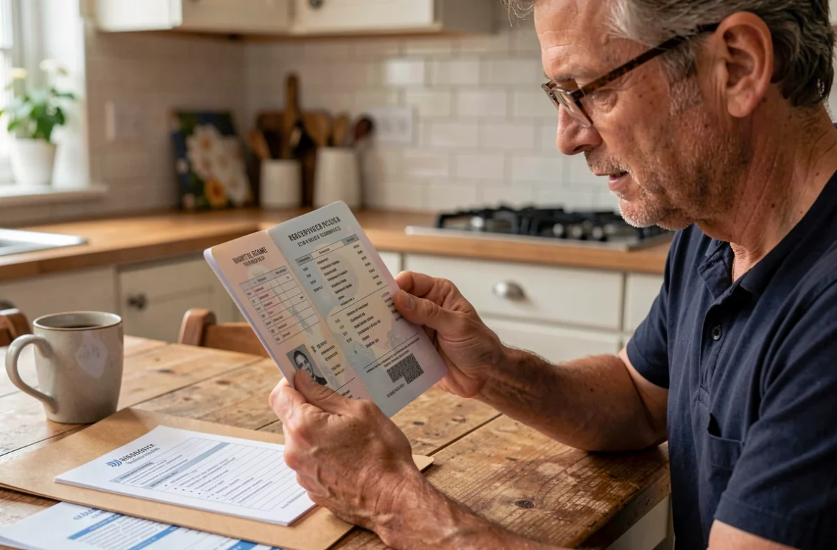 Homme vérifiant la page à photocopier dans son passeport avec des documents de voyage sur une table