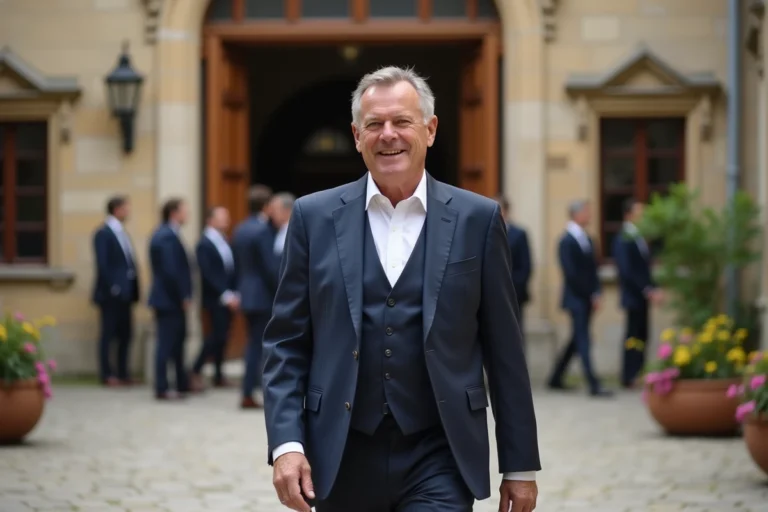 Homme en costume dans une cour de mairie ancienne