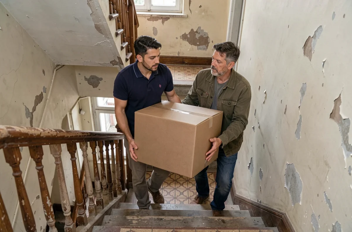 Deux hommes portant un carton de déménagement dans l'escalier d'un immeuble ancien