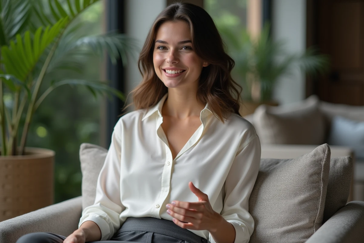 Jeune actrice française en conversation dans un salon moderne